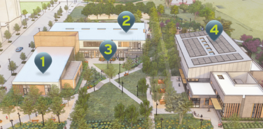 A bird's eye view rendering of the Sunnydale Hub, with markers 1, 2, 3, and 4