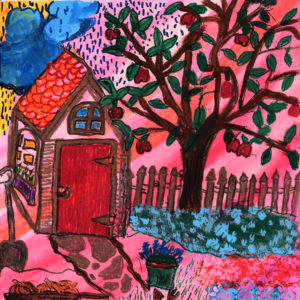 bright colored picture of house apple tree and garden with pink and red