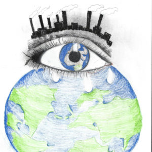 pencil drawn earth with an eye and the eyelashes are a skyline