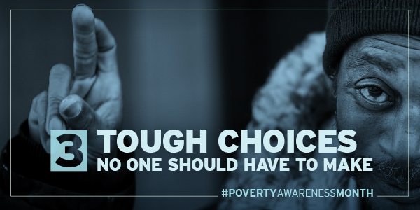 A man experiencing homelessness crossing his fingers with the text, '3 Tough Choices no one Should Have to Make'