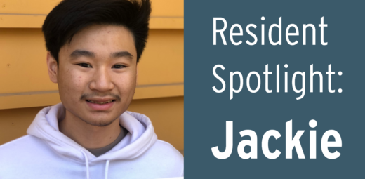 Photograph of Mercy Housing Resident, Jackie, with title card for Resident Spotlight Story