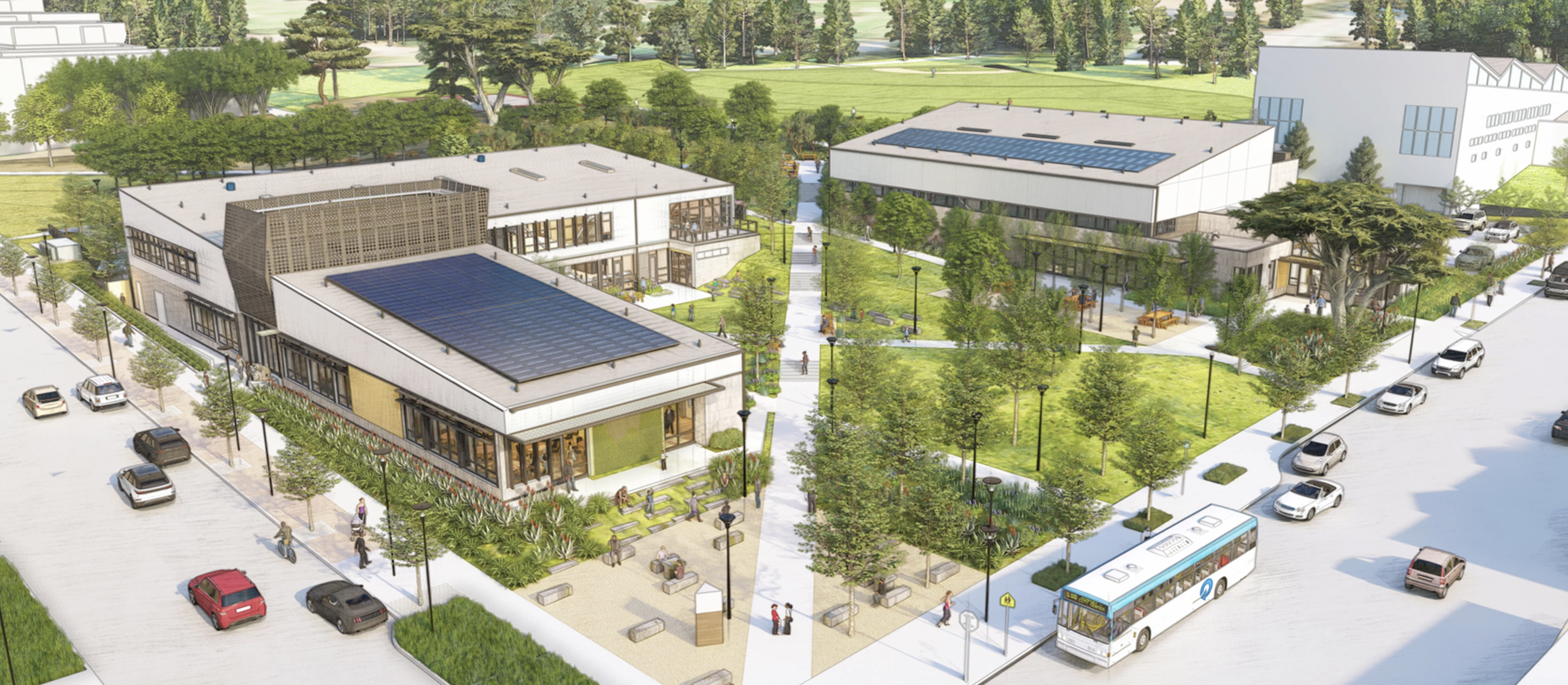 A bird's eye view rendering of the Sunnydale Hub buildings