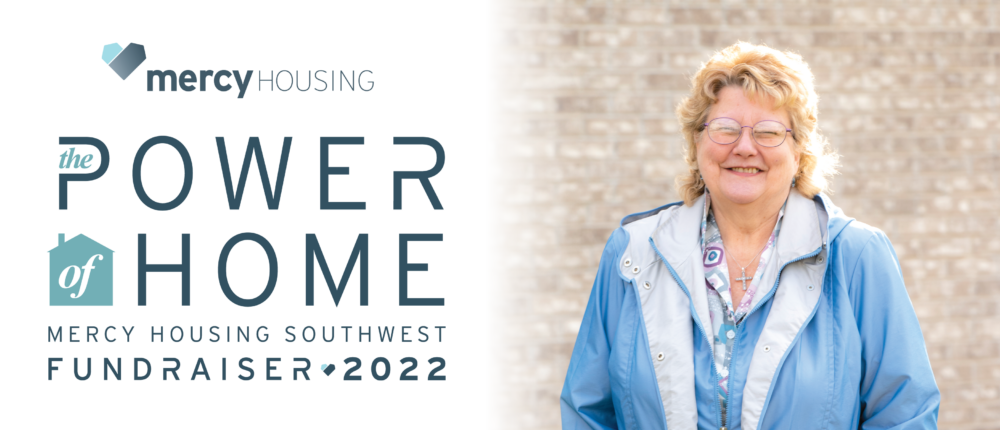 Photo of a woman smiling towards the camera with the caption "Mercy housing - Power of Home, Mercy Housing Southwest Fundraiser 2022"
