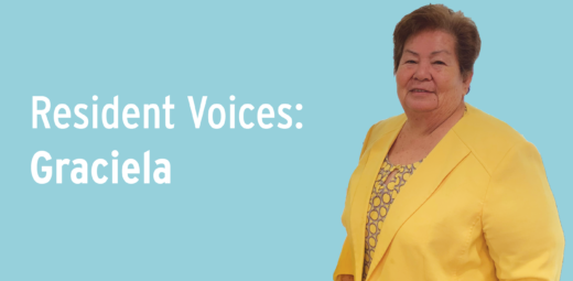 Graciela smiling towards the camera wearing a yellow blouse and a yellow blazer, with the caption "Resident Voices - Graciela"