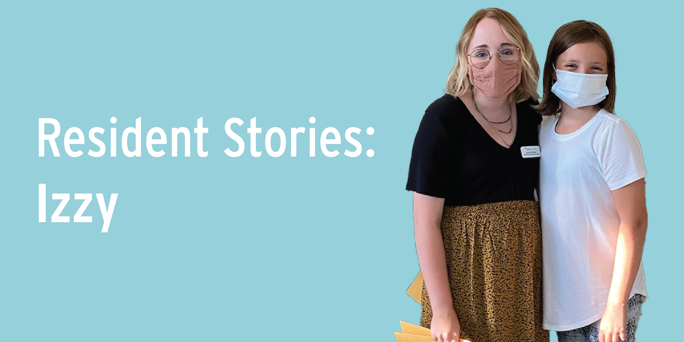 Izzy and a Mercy Housing Staff member smiling towards the camera while hugging, with the caption "Resident Stories - Izzy"