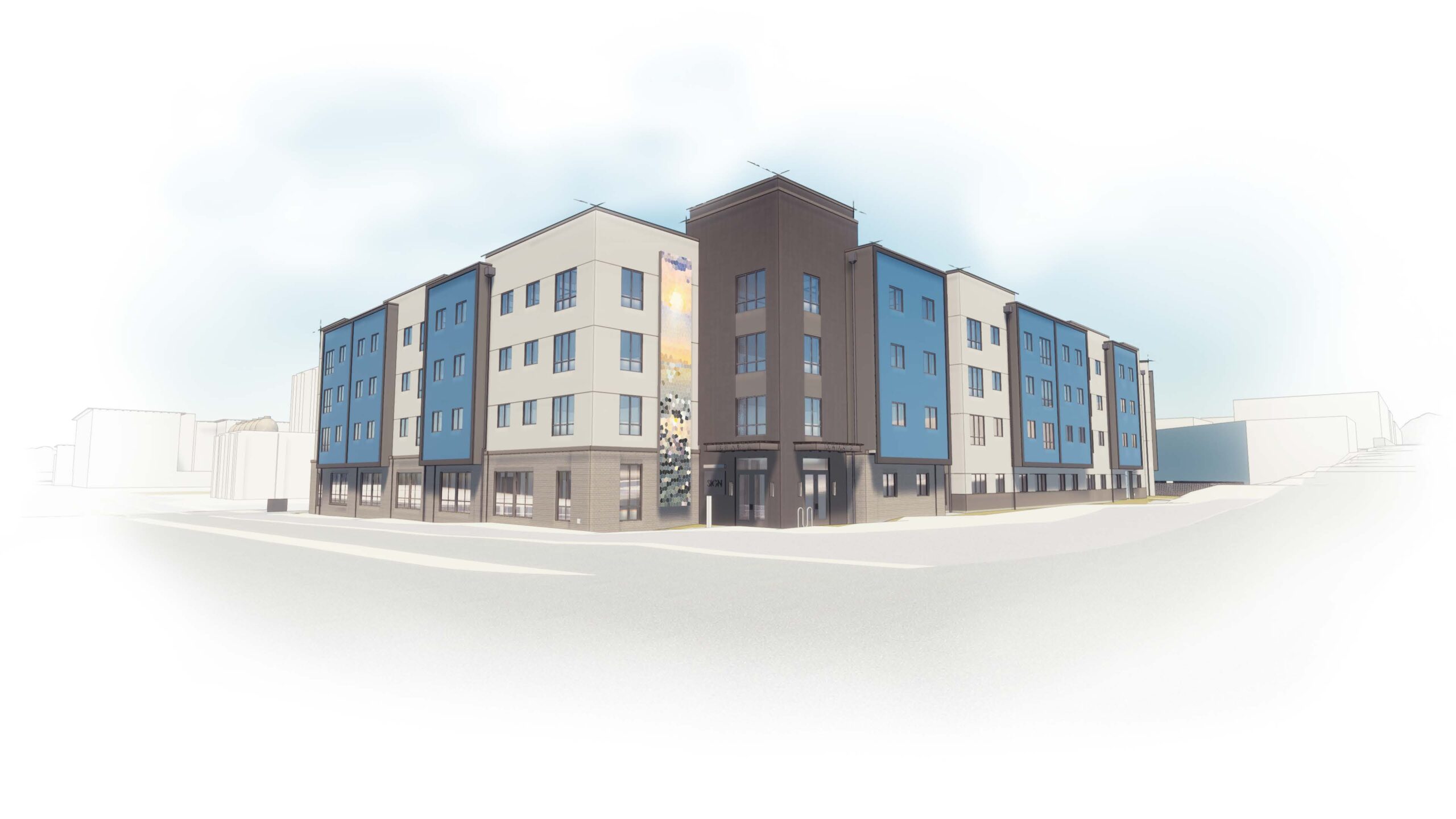 rendering of a 4 story building with windows